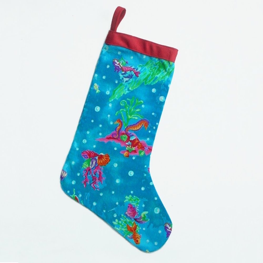 BEACHY CHRISTMAS STOCKING MERMAID FISH SHELLS SEAHORSES  HANDMADE 100% COTTON